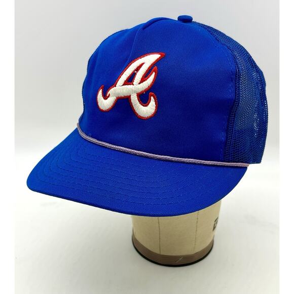 Vintage 1990s Atlanta Braves Hat Cap Snapback Blue Red Mesh Baseball Twins Logo - Picture 1 of 10